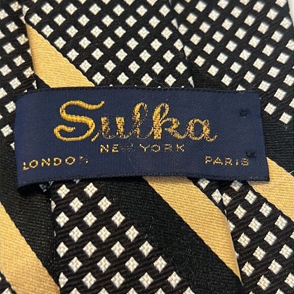 Sulka Black and White Tie with Gold Trim - 100% Silk - Picture 7 of 9